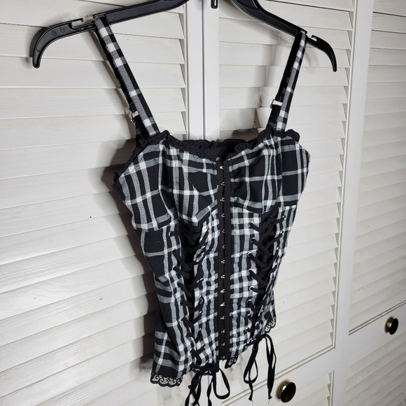 Royal Bones Tripp NYC Black/White Plaid Lace Up Corset Top XS EUC HOT TOPIC GOTH - Picture 3 of 14